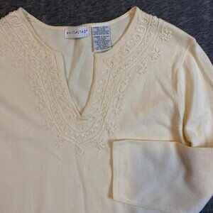 White Stag Blouse Women L Large Ivory Embroidered V-Neck 3/4 Sleeve Top 12/14